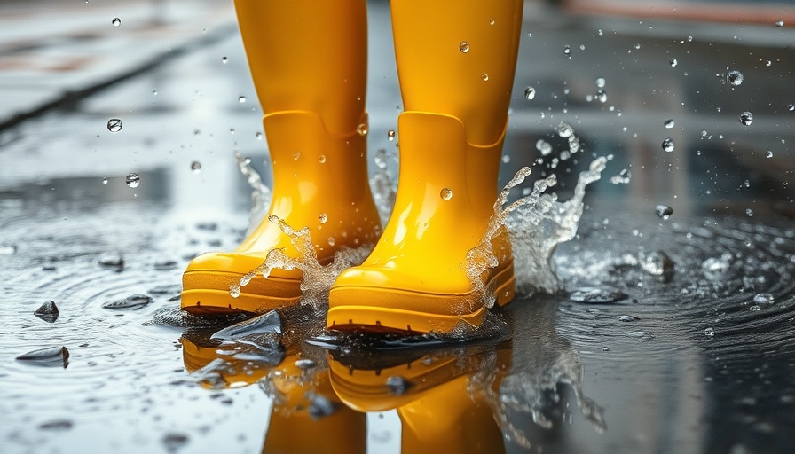 Child's yellow boots splashing in puddles during monsoon, vibrant.