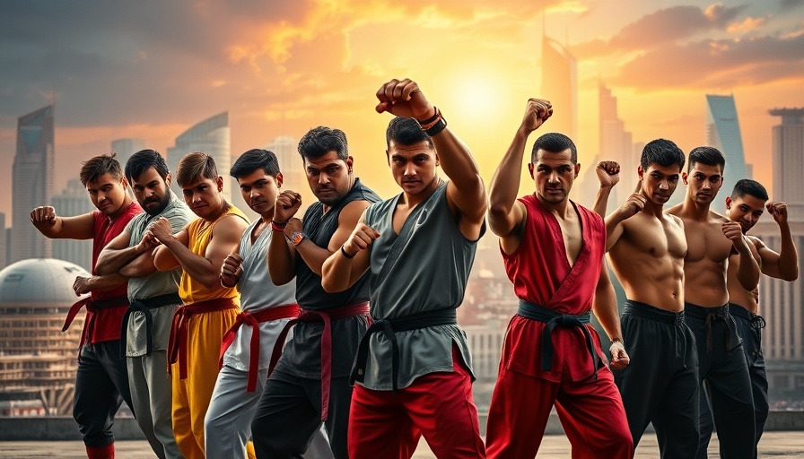 Dynamic martial artists stand strong against city backdrop, symbolizing martial arts classes Gurnee.