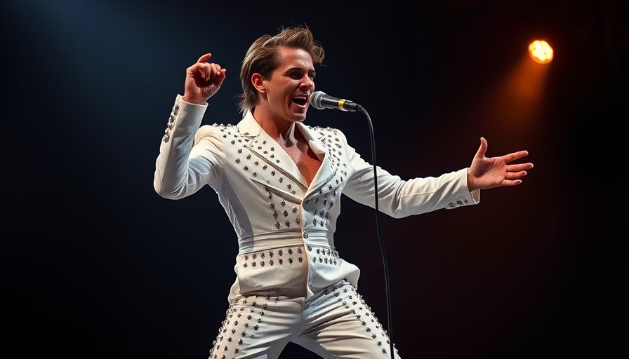 Performer singing passionately on stage in a studded white jumpsuit.
