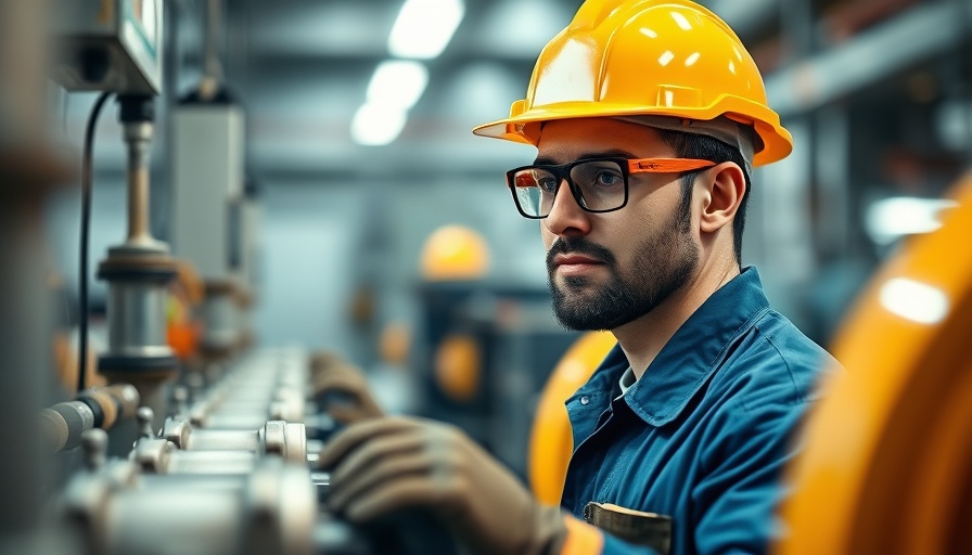 Factory worker inspecting machinery in an industrial setting.