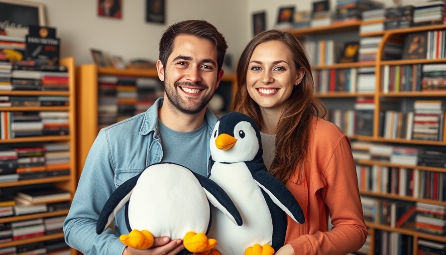 Cheerful couple indoors with penguin toy, CD shelves backdrop.