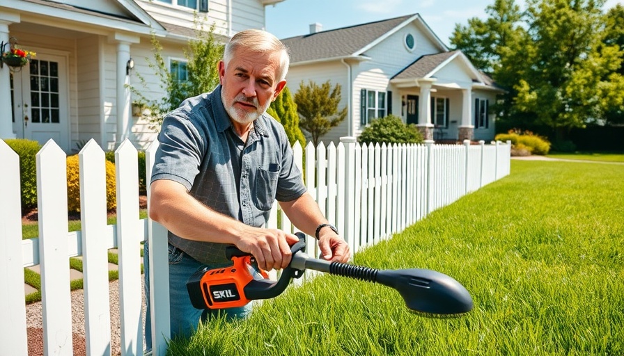 Man using Skil Smart Load String Trimmer near fence and house.