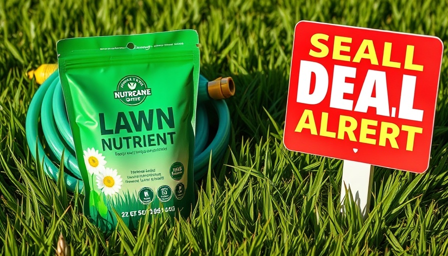 Labor Day lawn care sales product promotion with nutrients and hose.