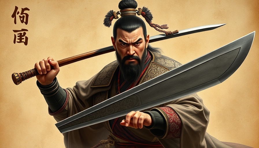 Traditional Chinese warrior with Kwan Dao in martial arts pose.