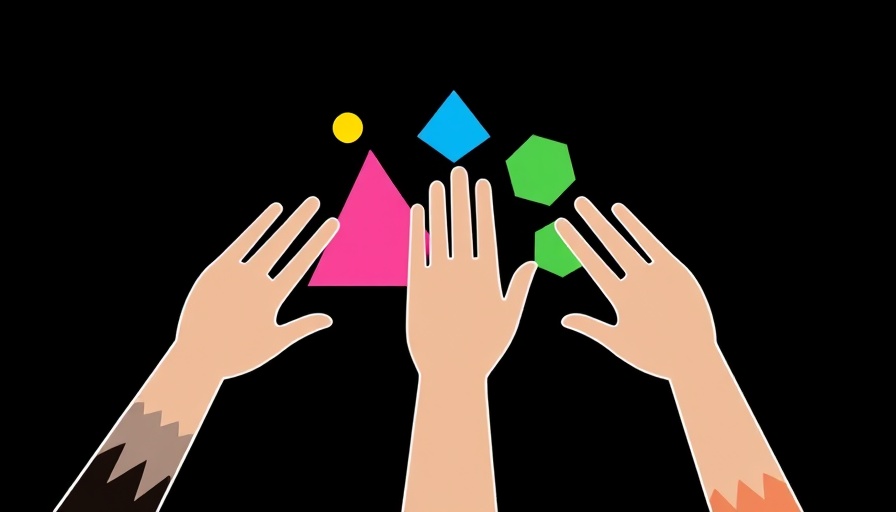 Hands collaborating with colorful shapes, symbolizing emotional intelligence in the workplace.