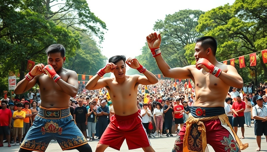 Muay Thai performers showcasing skills in China with large audience.