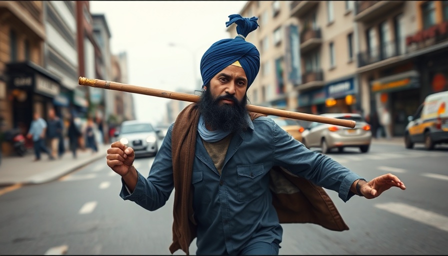 LAPD Sikh Man in blue turban holding a stick on city street, falling action captured.