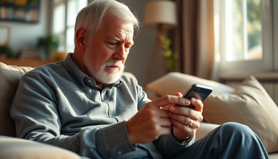 Senior checking social security information on phone in Muskegon