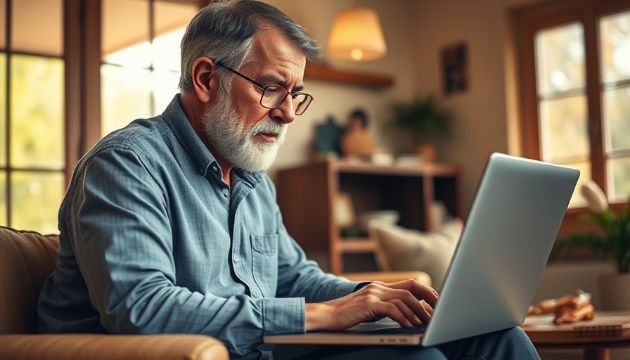 Elderly man typing to maximize social security benefits at home