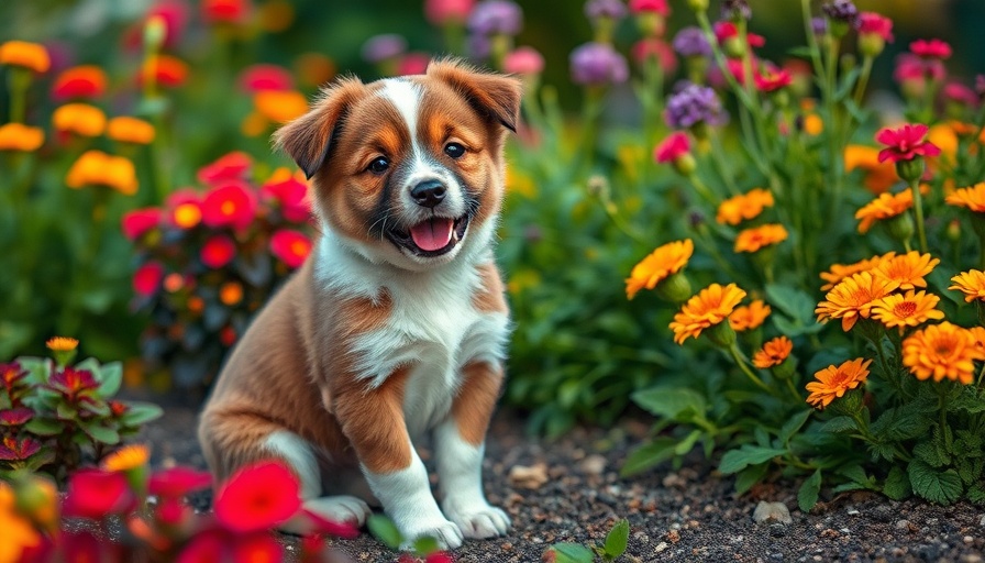 Cute puppy in a vibrant garden with dog pee-proof plants.