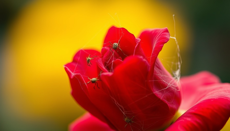 Red rose infested with spider mites and webs, how to get rid of spider mites on roses, close-up view.
