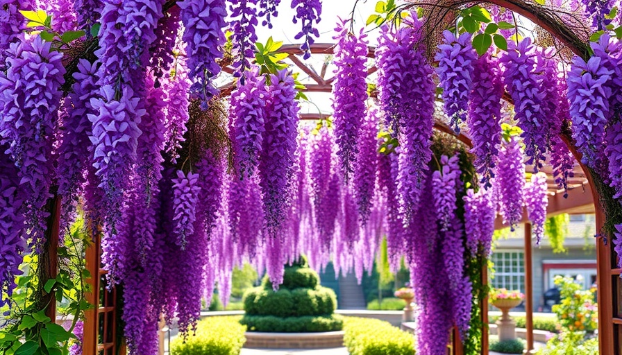 Vibrant purple wisteria vines blooming on trellis in sunny garden