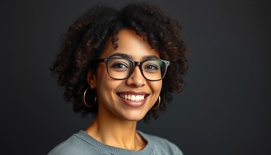 Confident woman with glasses smiling warmly, studio portrait.