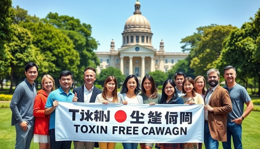 Group promoting toxin-free campaign in front of a landmark.
