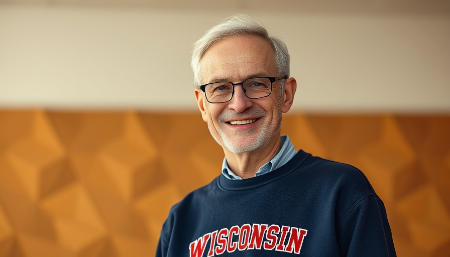 Smiling older man indoors with geometric warm-tone background.
