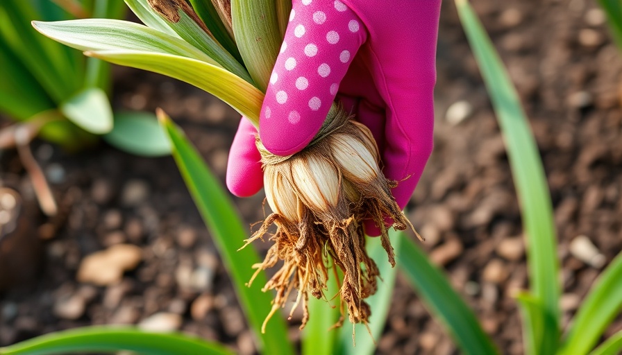 Gloved hand holding bearded iris rhizome in garden setting.