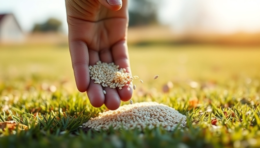 Hand planting grass seed on lawn’s bare spots in sunlight.