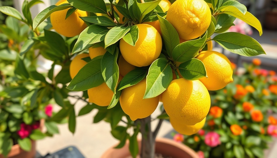 Lemon tree in container on patio with bright foliage and flowers.