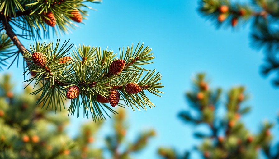 Pine tree branches with cones and browning needles under sunlight.