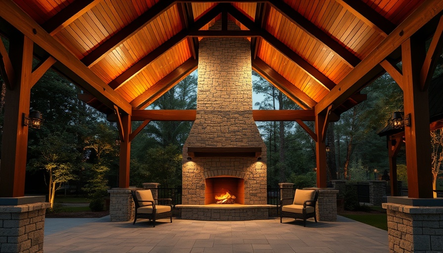 Elegant pavilion with fireplace in Rockwall, Texas backyard.