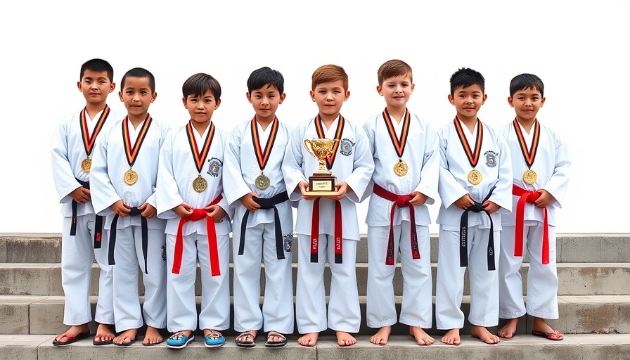 Karate championship winners displaying medals and trophy