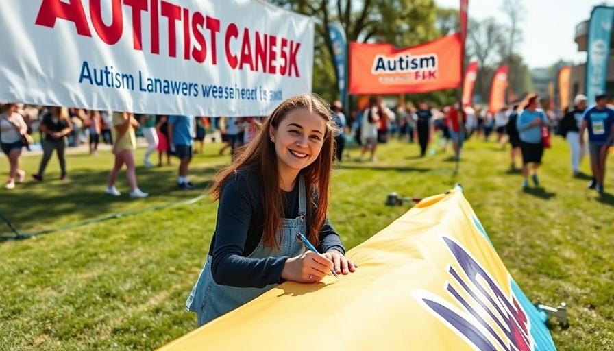 Woman signs banner at Autism Awareness event in Perinton park