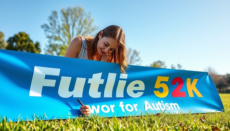 Participant signing Flutie 5K for Autism banner in a sunny park.