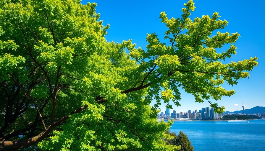 Vancouver skyline with tree canopy extending over the waterfront, highlighting tree canopy goal.