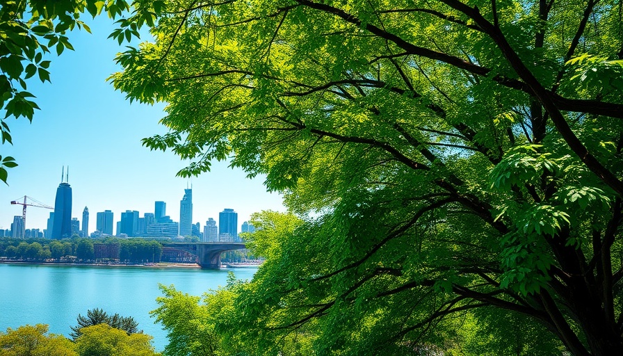 Vancouver tree canopy with skyline, lush and vibrant.