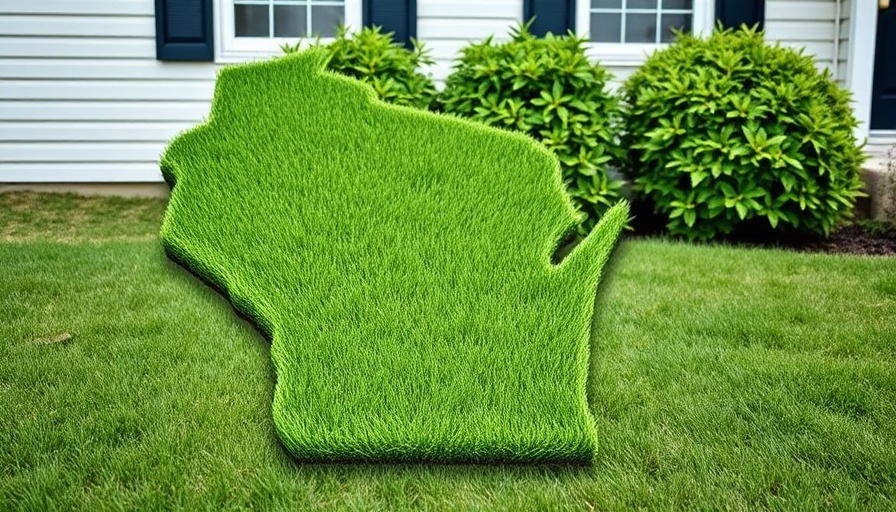 Lawn fertilization services Muskegon promotion with lush green lawn and Wisconsin shape.