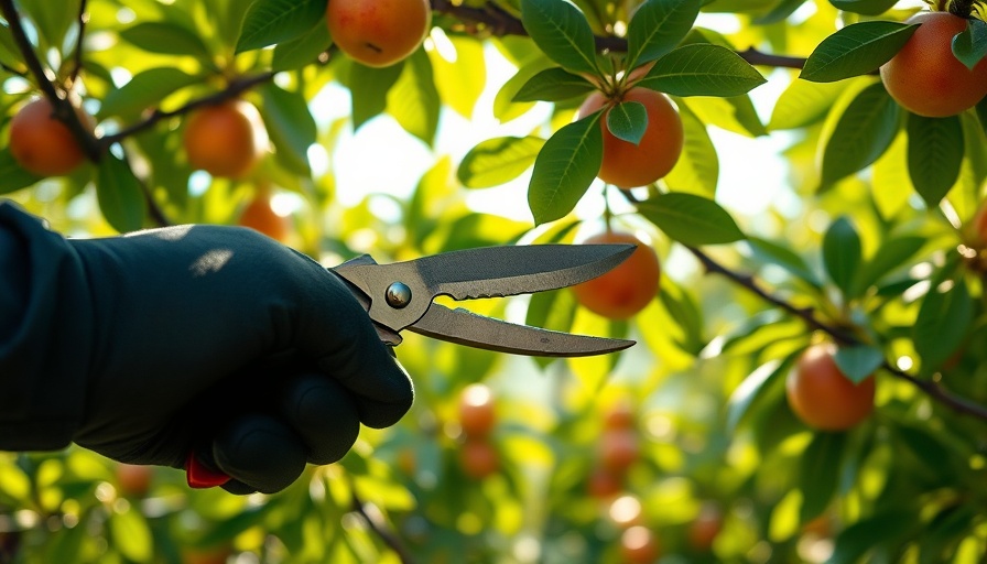 Gloved hand pruning fruit tree after harvest.