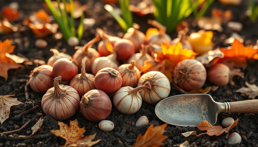 Close-up of fall bulbs arranged for planting in garden soil.
