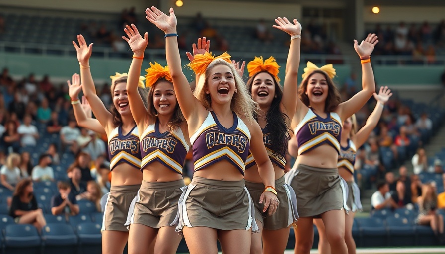 Cheerleading team performing coordinated stunts at a stadium.