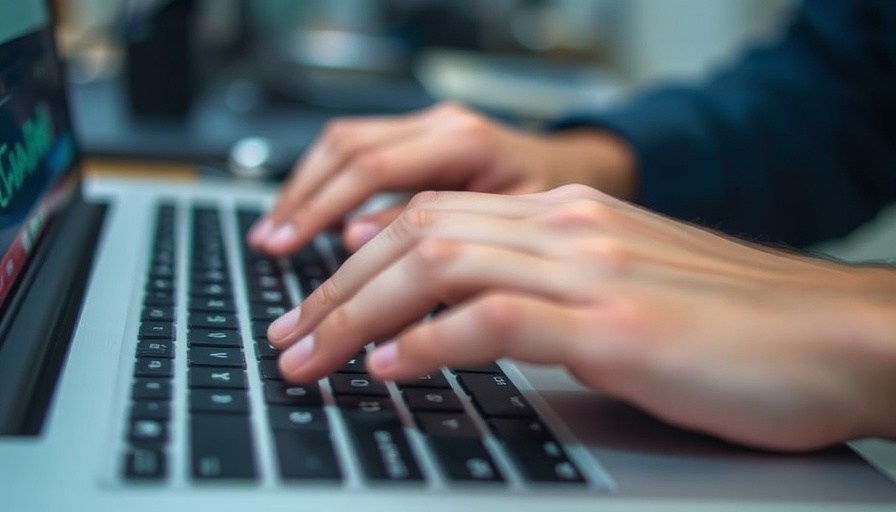 Blurred hands typing on keyboard, rapid motion.