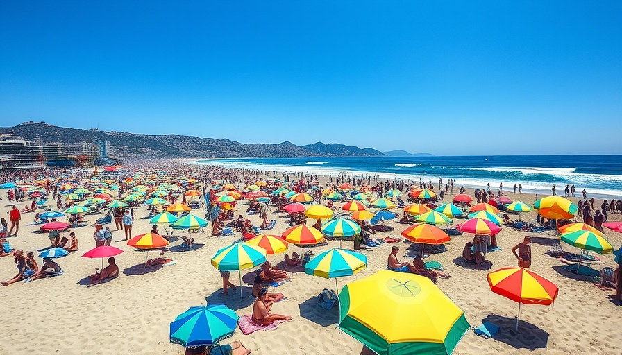 Crowded beach with colorful umbrellas and people near city buildings.