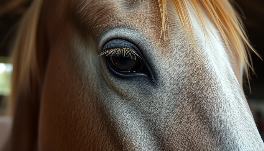 Close-up of senior horse's gentle eye in a stable, vision care for senior horses.