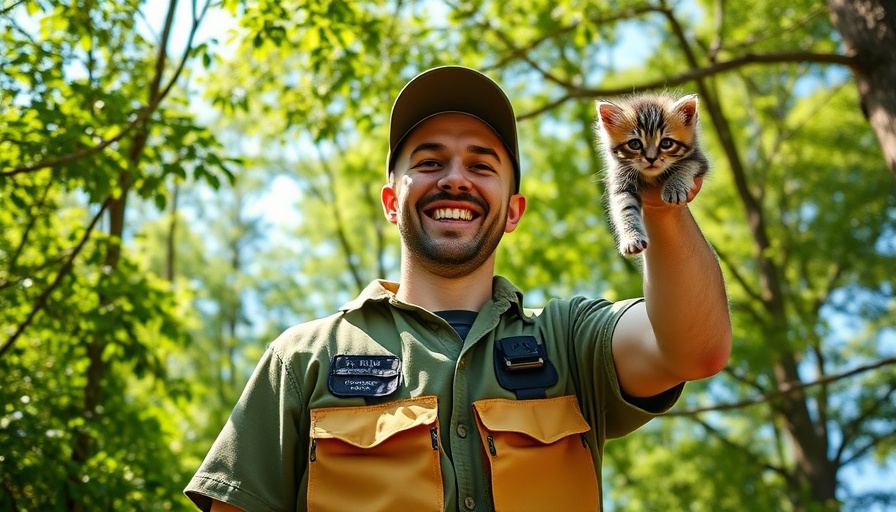 Joyful worker holding a kitten among trees, highlighting local tree services.