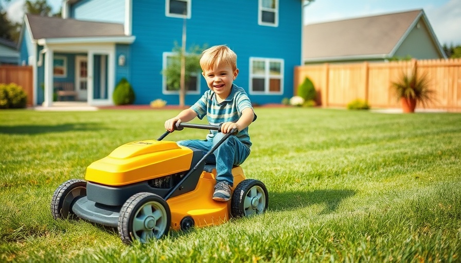 Boy mowing lawn for 50 Yard Challenge lawn care project.