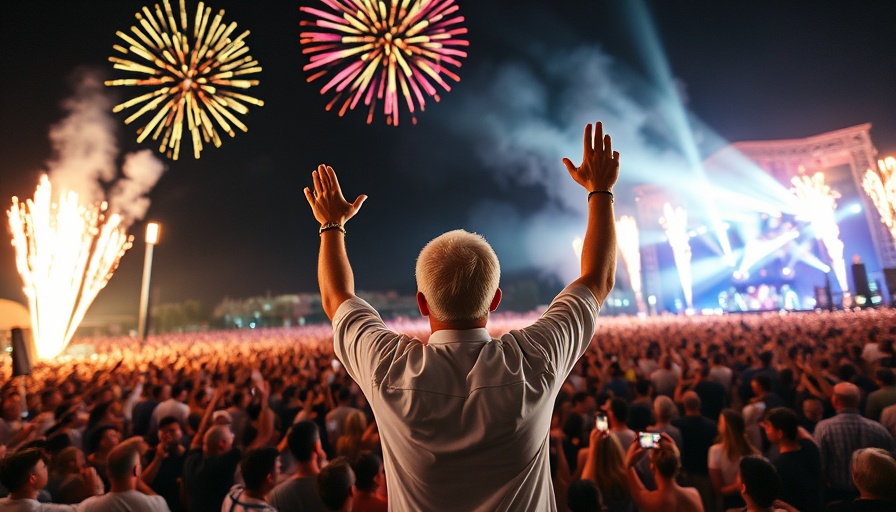 Man addressing a crowd under fireworks, event atmosphere.
