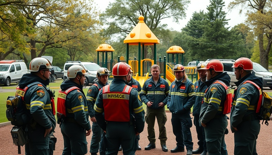 Search and rescue team gathers at a playground in a park.