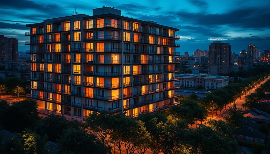 Modern seniors' independent housing options building in Muskegon at dusk.
