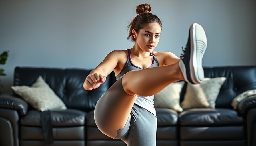 Indoor walking workout for seniors in a modern living room setting.