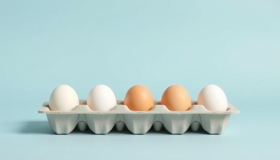 Minimalist egg carton with seven eggs on a blue background.
