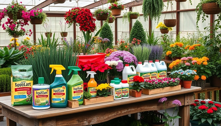 Colorful gardening supplies for lawn fertilization and weed control.