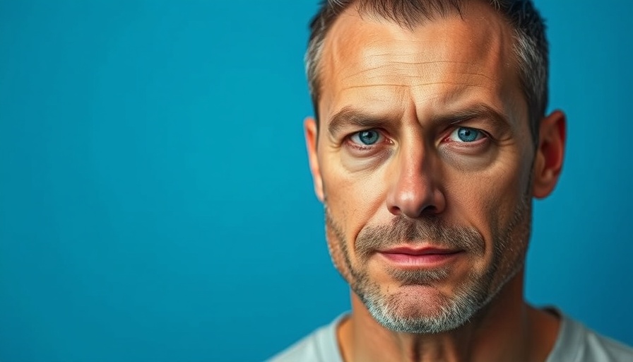 Close-up portrait of man with serious expression in blue backdrop.
