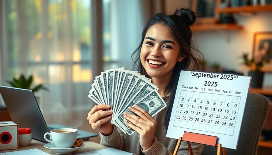 Smiling woman at desk with money and calendar, apply for Social Security in Muskegon.
