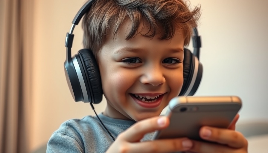 Child with headphones holding smartphone, playful expression, indoors
