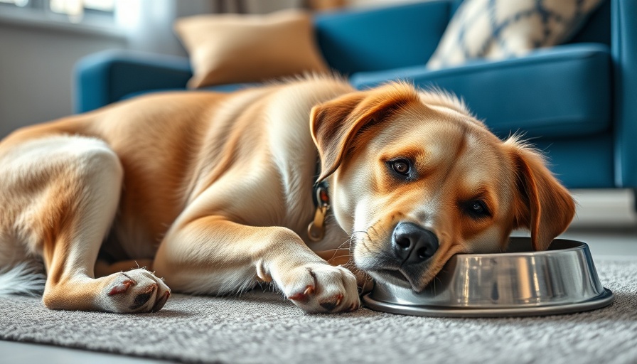 Senior dog lying beside food bowl, highlighting senior pet nutrition.