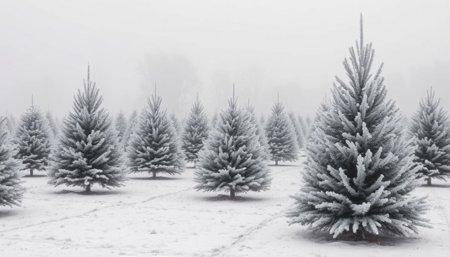 Frost-covered Christmas tree farm on a foggy morning.