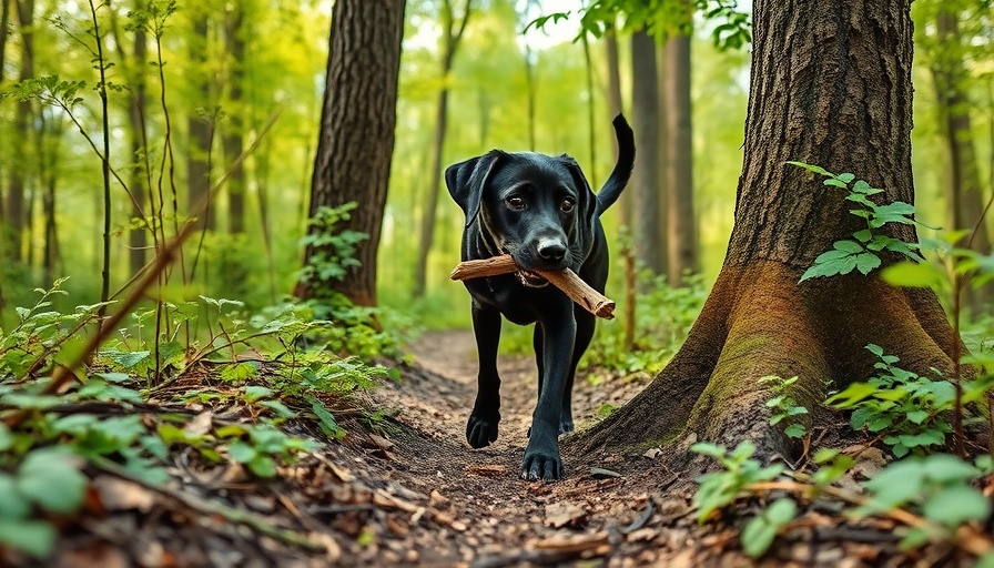 Black dog in forest investigating tree and carrying stick, local tree expert Shelby Michigan.